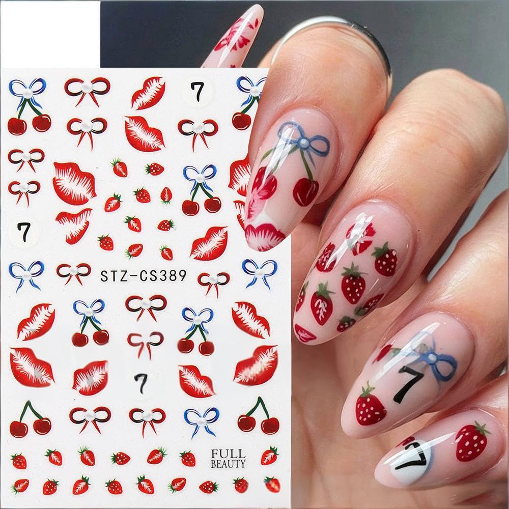Strawberry Lips Nail Art Stickers Bow Cherry Nail Art Decals 3D 6Sheets Self-Adhesive Fruit Stickers Beetle Flower Leaf Nail Designs for Women Summer Fresh Style Nail Supplies Decorations