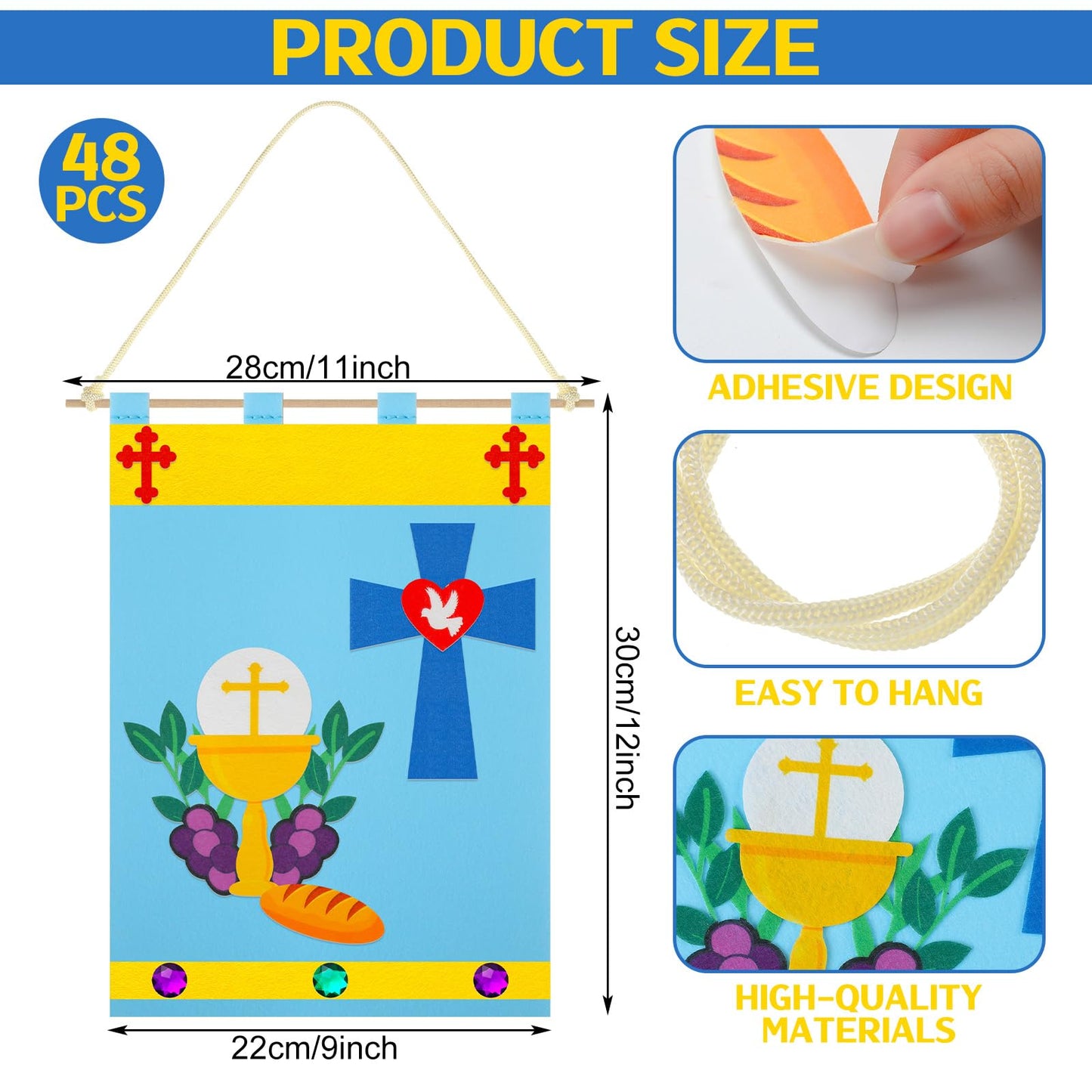 SmoothNovelty 48 Set First Communion Banner Kit Holy 1st Communion Banner Craft Felt First Eucharist Decorations Church School Catholic Crafts Bulk for Kids DIY Craft Pew Decor Supplies