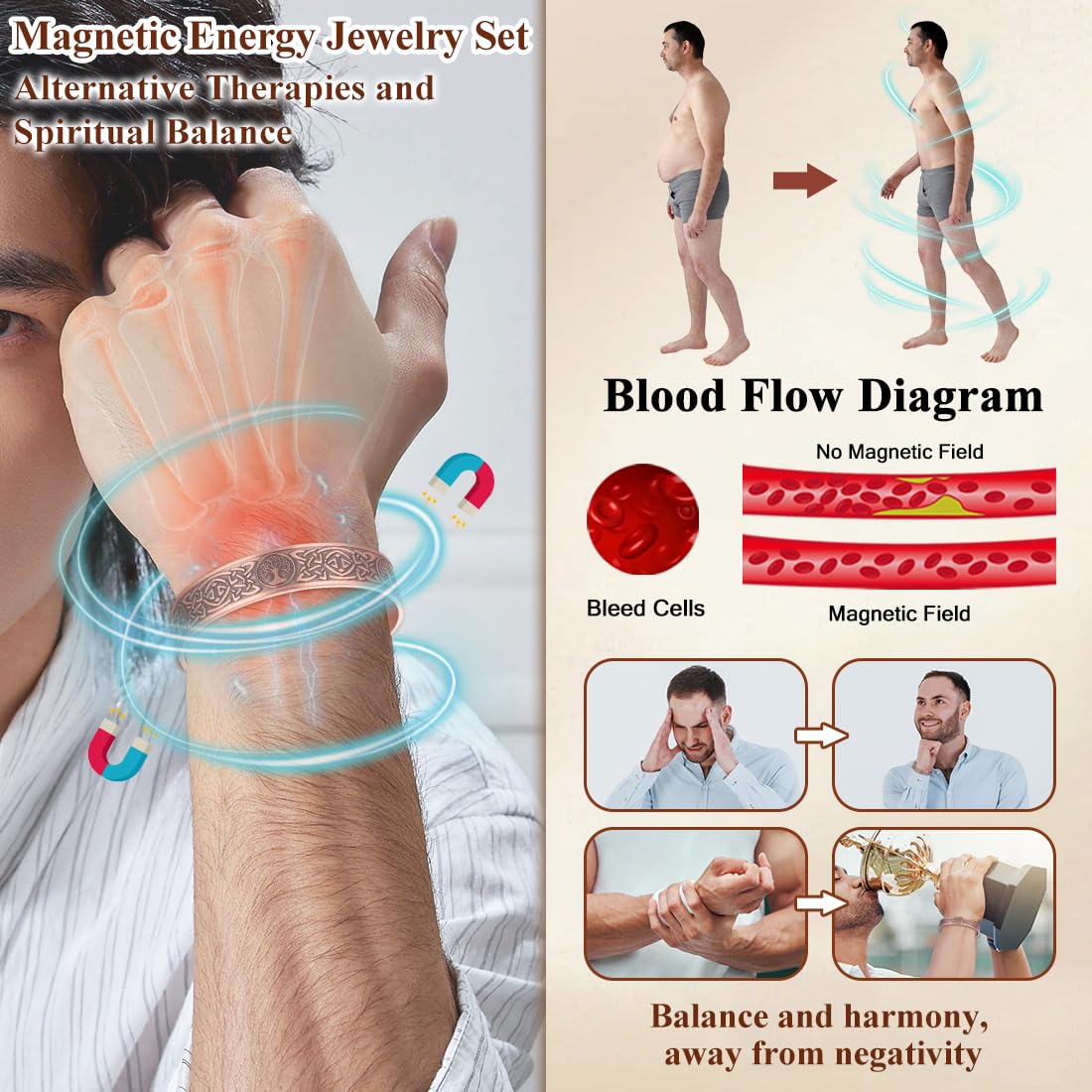 Cigmag Copper Bracelet for Men, with Powerful 9X 5000 Gauss Magnets, Adjustable Solid Pure Copper (Celtic Lotus Life Tree)