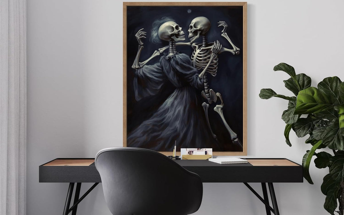 Dancing Skeleton Poster Art Print, Halloween Scary Vintage Wall Art Academia Spooky Painting Decoration for Horror Prints, Gothic Posters Bedroom Decor 89 (Dancing Skeleton, 16 x 20 inches, Wood Frame)