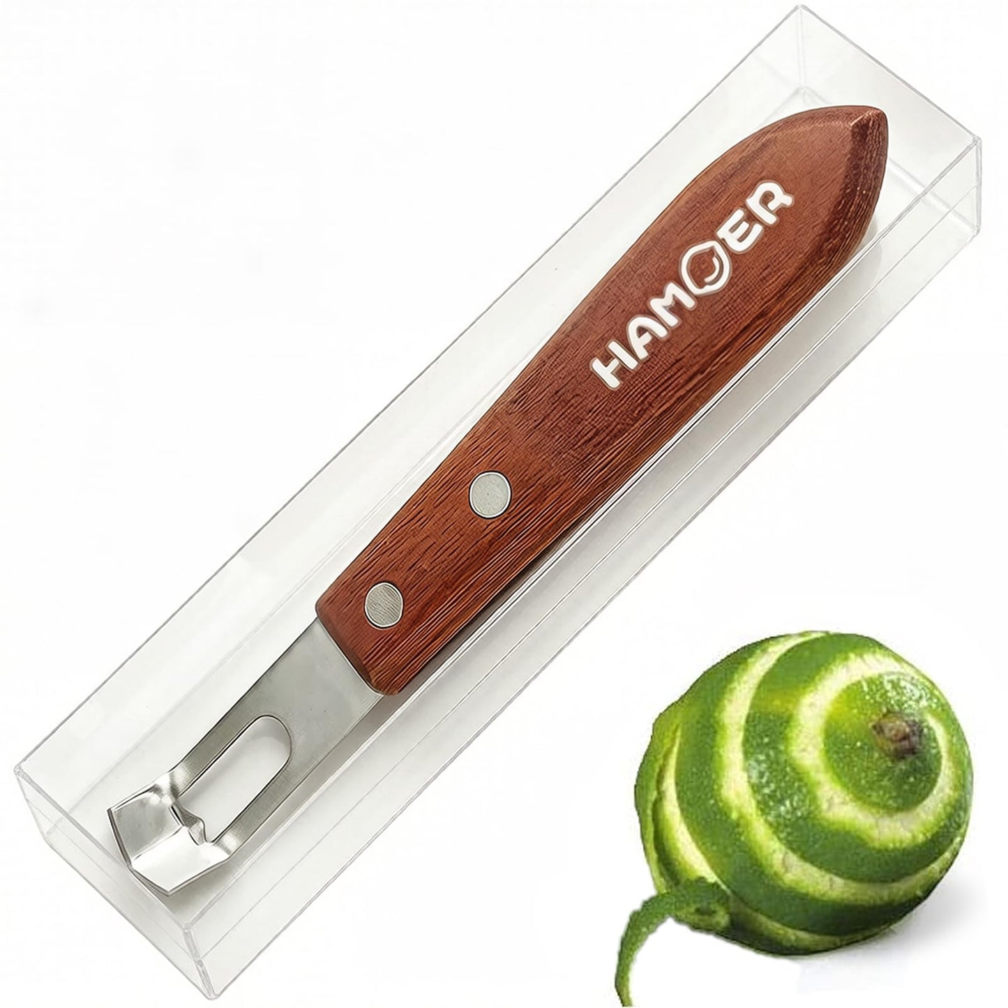 HAMOER Channel Knife Zester - Fruit and Vegetable Tool for Decorating Cocktails, Desserts, and Salads Stainless Steel Tip Wooden Handle