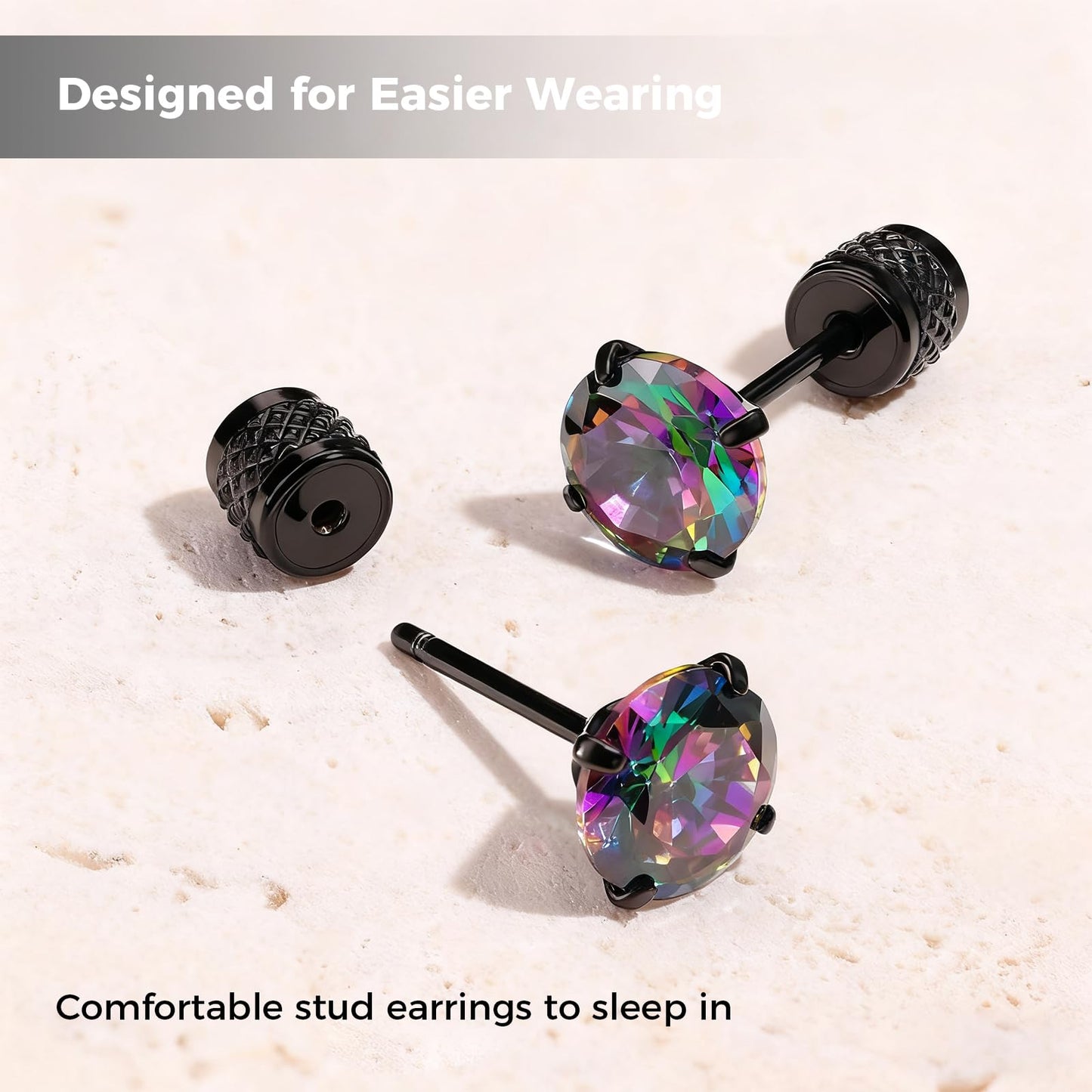 Hypoallergenic Threadless Flat Back Earrings,1 Pairs Cartilage Stud for Women Men Titanium Post 20G None Screw Easy Push in Gold Black Stainless Steel Flatback with CZ 3-7mm (Black+Rainbow CZ, 6mm)