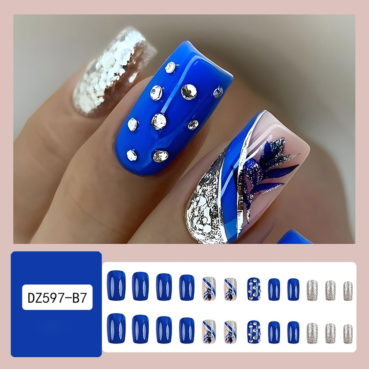 Blue Flower False Nails Rhinestones Fake Nails Silver Stripe Design French Stick on Nails Full Cover Artificial Coffin Nails Glitter Square Nails Press on Nails with Design Glue on Nails for Women
