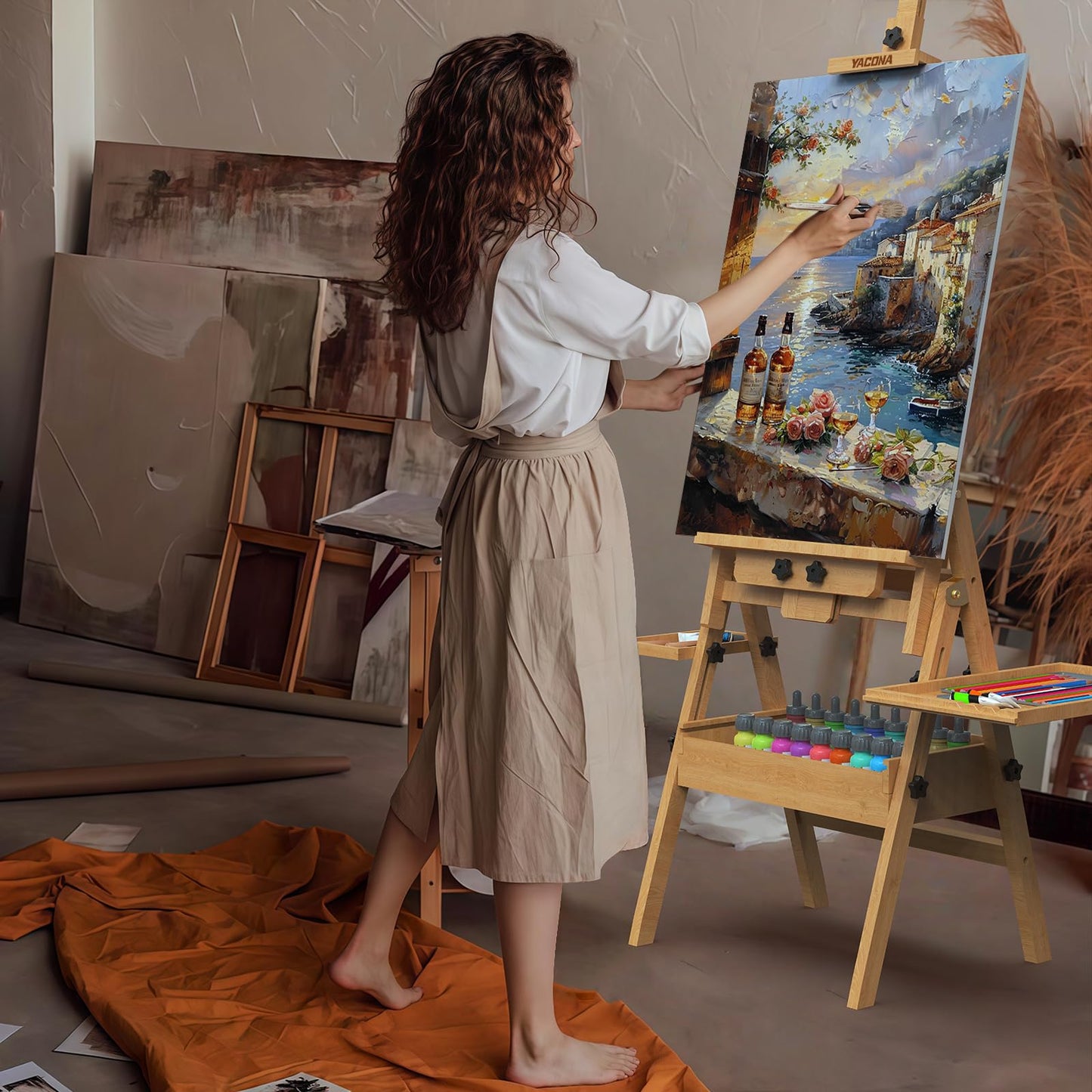 Solid Beech Wood H-Frame Easel, Large Painting Easel with Storage Box and Palette, Professional Foldable Studio Art Easel Stand with Signature Box for Adults, Holds Canvas Art up to 48"