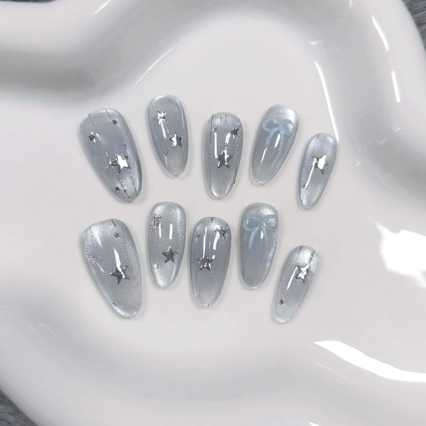 TENPAL Icy Blue Glass Bead Cat Eye Press on Nails Medium Oval with Starlight Bow, Blushing Ombre & Handmade, Reusable Sheer Celestial False Nails for Daily Aura(XS)
