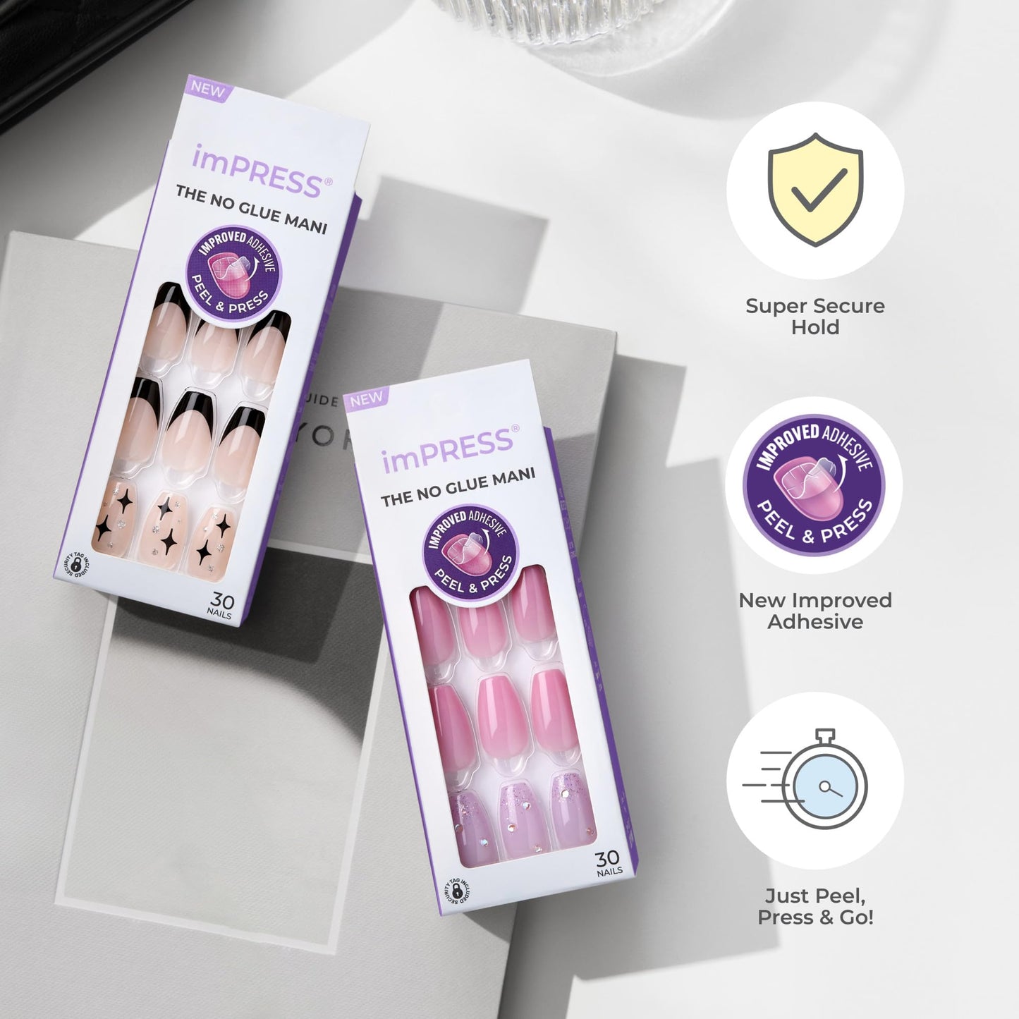 Kiss Impress No Glue Mani Press On Nails, Design, 'Rain Check', Blue, Short Size, Squoval Shape, Includes 30 Nails, Prep Pad, Instructions Sheet, 1 Manicure Stick, 1 Mini File