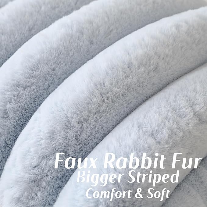 FUTEI Light Blue Decorative Throw Pillow Covers 16x16 Inch Set of 2, Square Soft Faux Rabbit Fur Thick Striped Cushion Cover,Winter Home Decor for Couch Bed Living Room