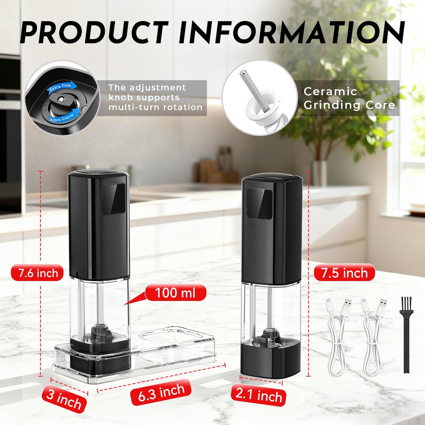 IFONPY Upgraded Larger Capacity Electric Salt and Pepper Grinder Set Rechargeable with Digital Display, Refillable Electric Pepper Grinder Mill Set with Light & Ceramic Core, Adjustable Coarseness