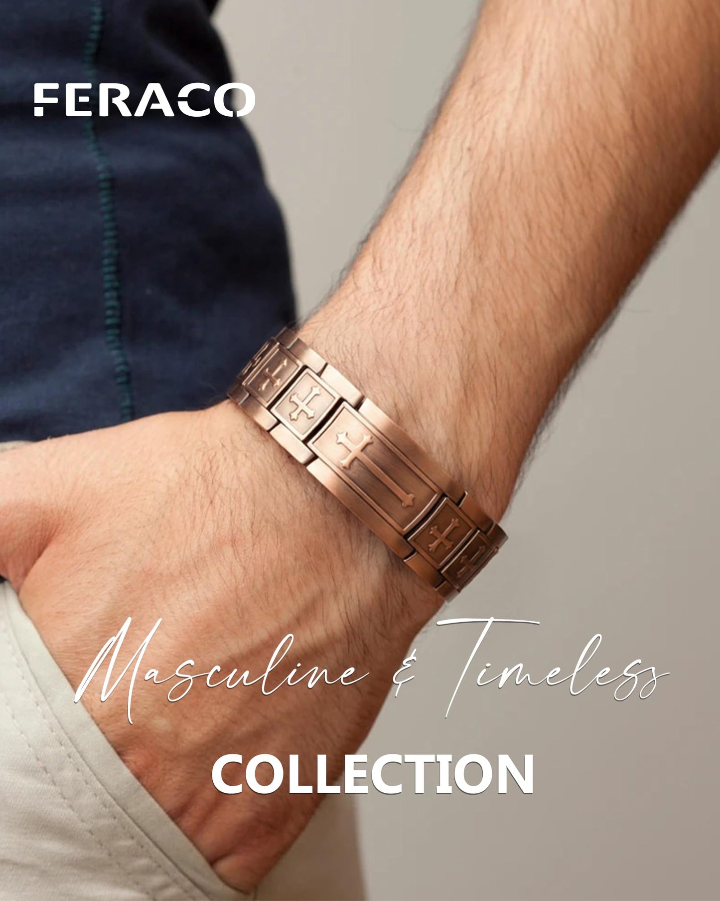 Feraco Copper Magnetic Cross Bracelet for Men, 99.99% Pure Copper with 3800 Gauss Magnets,Gifts for Him