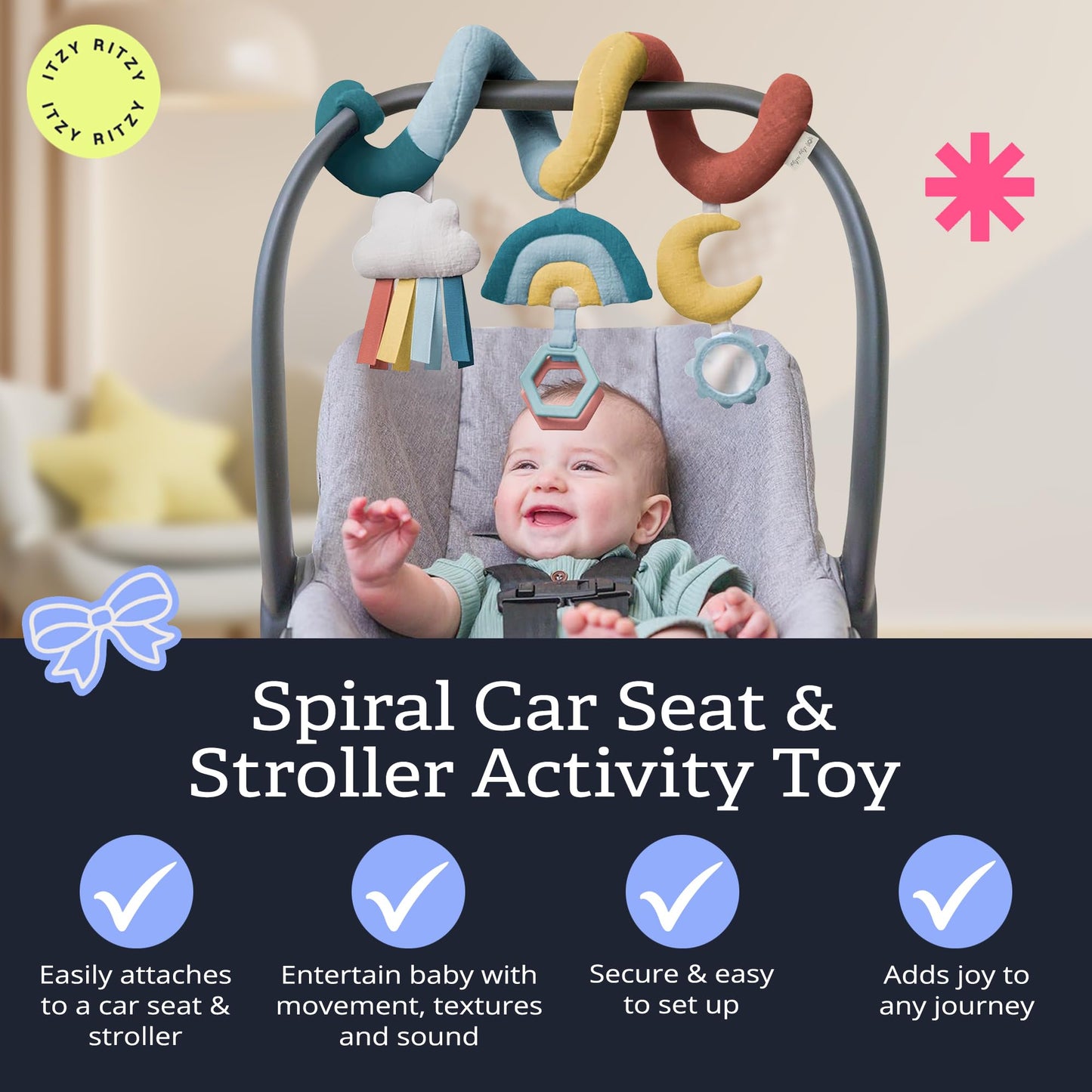 Itzy Ritzy Spiral Car Seat & Stroller Activity Toy - Stroller & Car Seat Toys for Ages 0 Months and Up - Hanging Toys Include Clinking Rings, Mirror and Textured Ribbons (Rainbow)