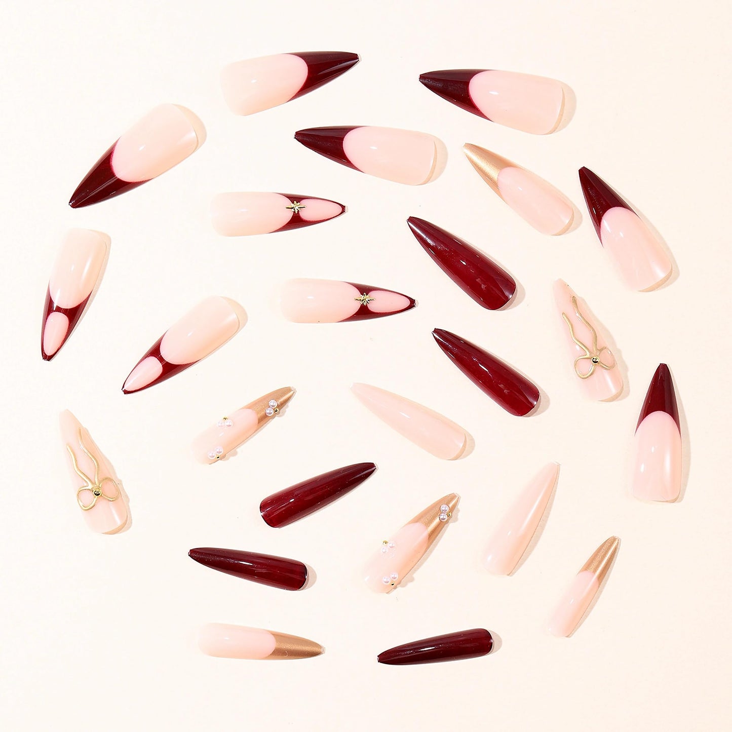 MERVF 24Pcs Long Stiletto Press on Red Gold French Tip Fake Nails with 3D Bow, Pearls Design Glue ons Acrylic Luxury Glossy Finish Manicure