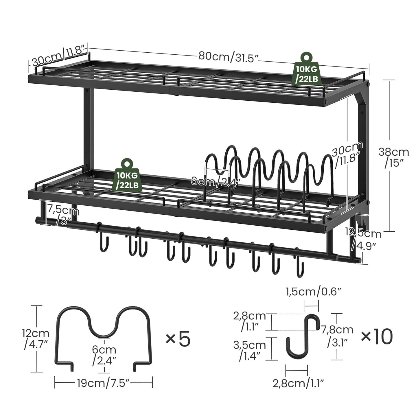 CHOEZON Pot Rack, Wall Mounted Pan Holder, 2-Tier Pot and Pan Organizer, Pot Hanger with 10 S-Shaped Hooks, Cookware Organizer with 5 Removable Metal Wire Dividers, Black TPR35BB