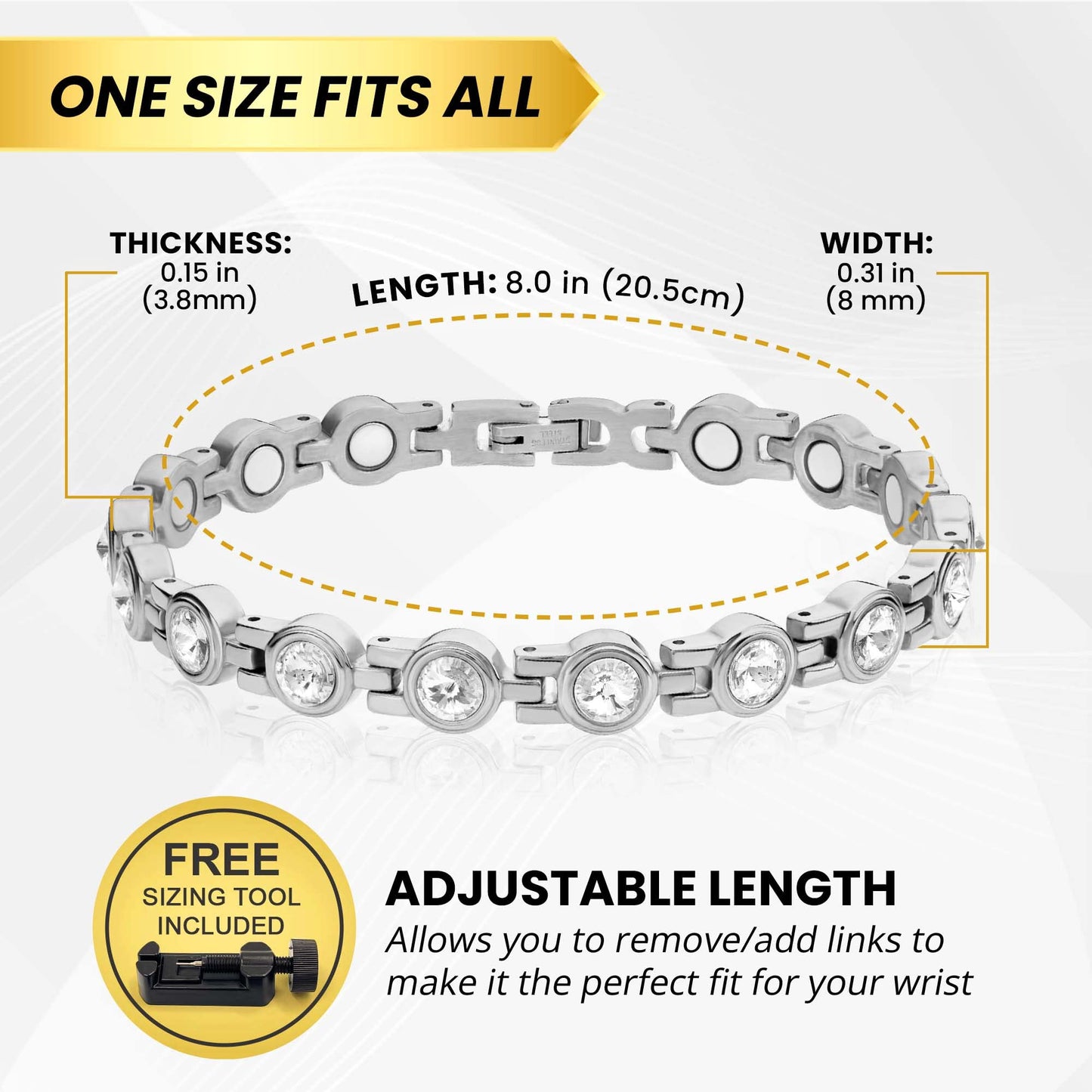 MagnetRX® Women’s Magnetic Bracelet – Elegant Magnetic Crystal Bracelets for Women – Adjustable Length with Included Sizing Tool (Silver)