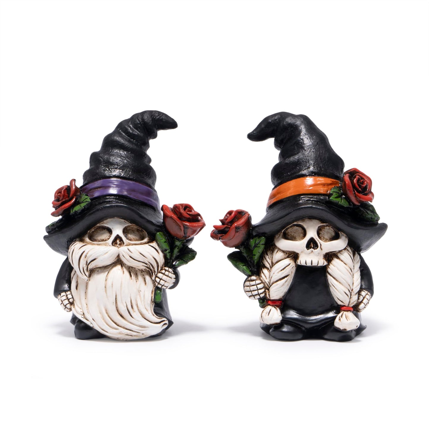 Hodao Halloween Gnomes Decorations Indoor, Resin Halloween Skull Head Handmade Figurines with Witch Hat & Rose Decor for Gift Home Bedroom Party Office Table - 2 Pcs, Black Hats