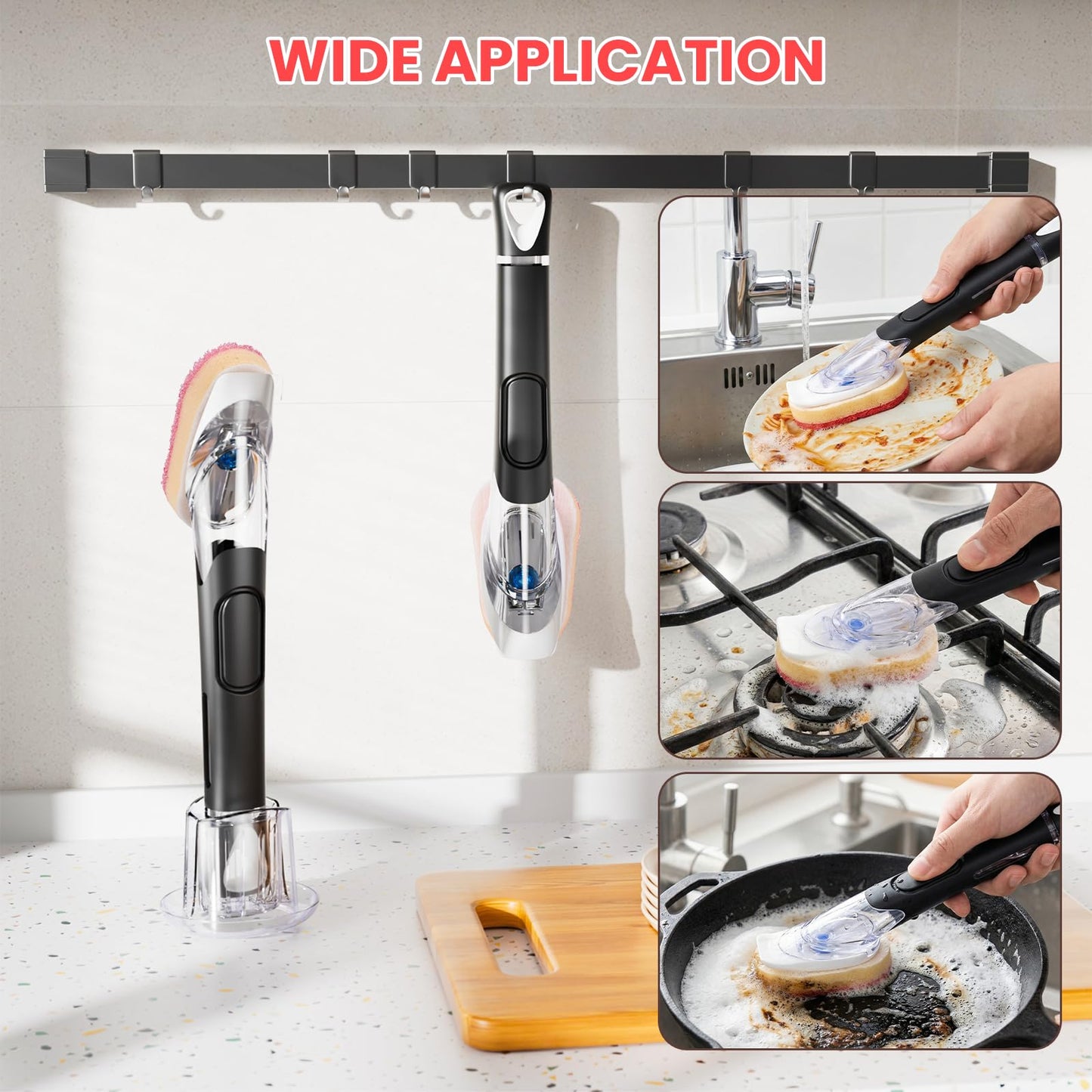 Soap Dispensing Replacement Dish Brush Storage Set with 10 PCS Sponge Refills & Holder - RIMAY Dispenser Scrub Cleaning Scrubber Kitchen Dishwashing Dish Wand Handle for Dishes/Pans/Pots/Sink(Pink)
