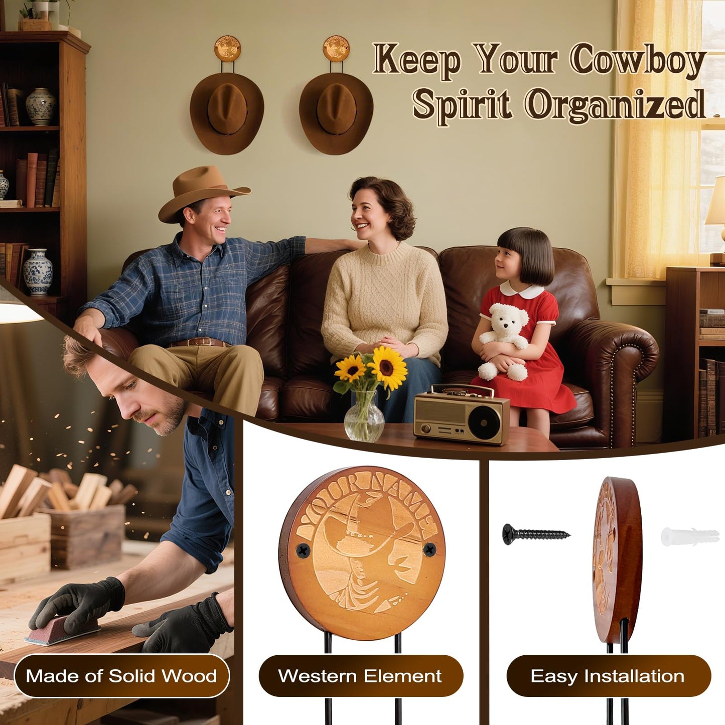 Qiannhee Cowboy Hat Rack Holder for Wall, 2 Pack Hat Rack for Wall, Wooden Western Rustic Metal Hat Holder for Cowboy Hats, Caps, and Sunhats, Ideal for Western Decor(Brown)