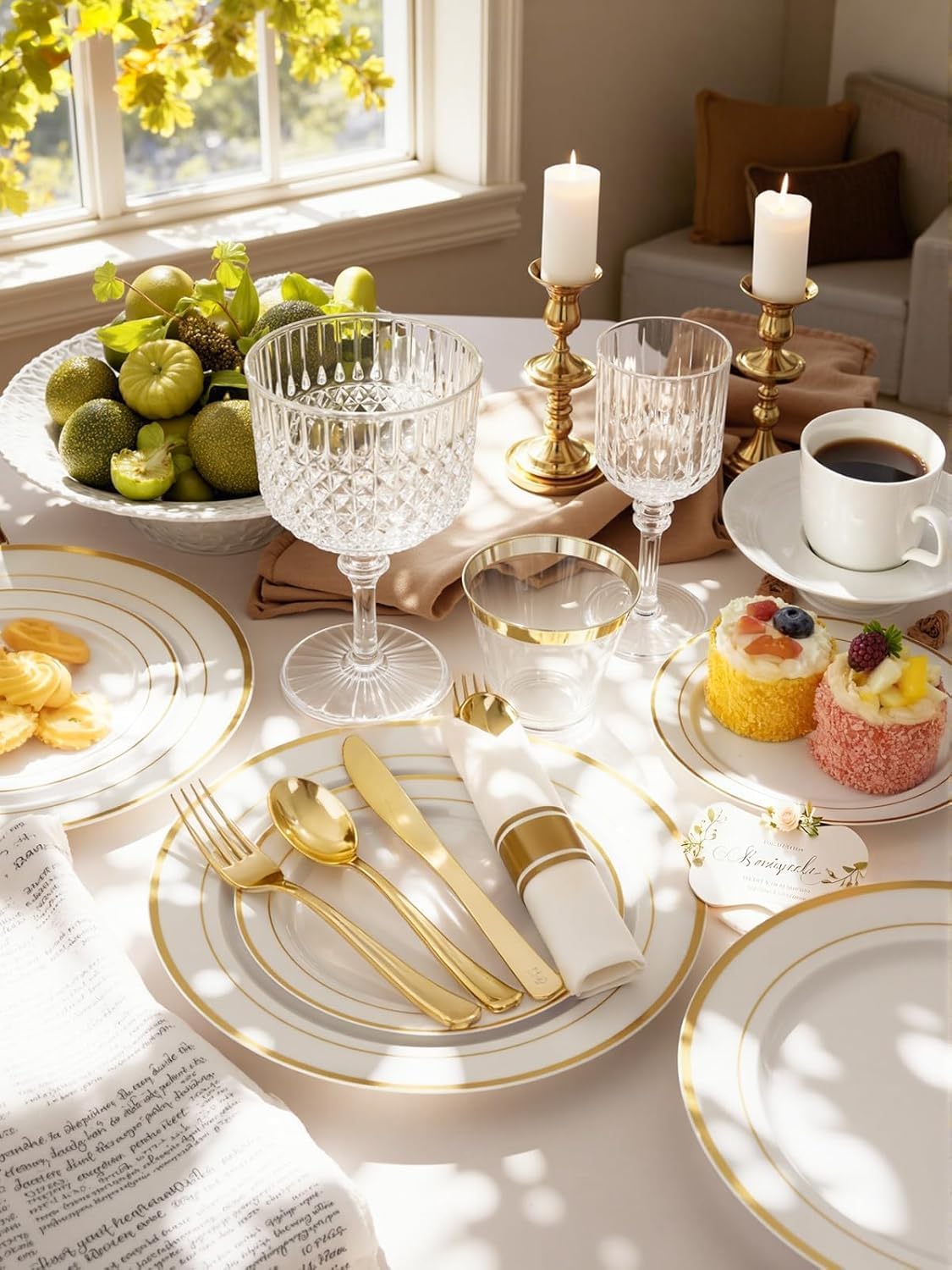 WDF 120 pieces Gold Disposable Plastic Plates - White and Gold Plates Include 10.25" Dinner Plate & 7.5" Salad Plate for Thanksgiving Weddings/Party