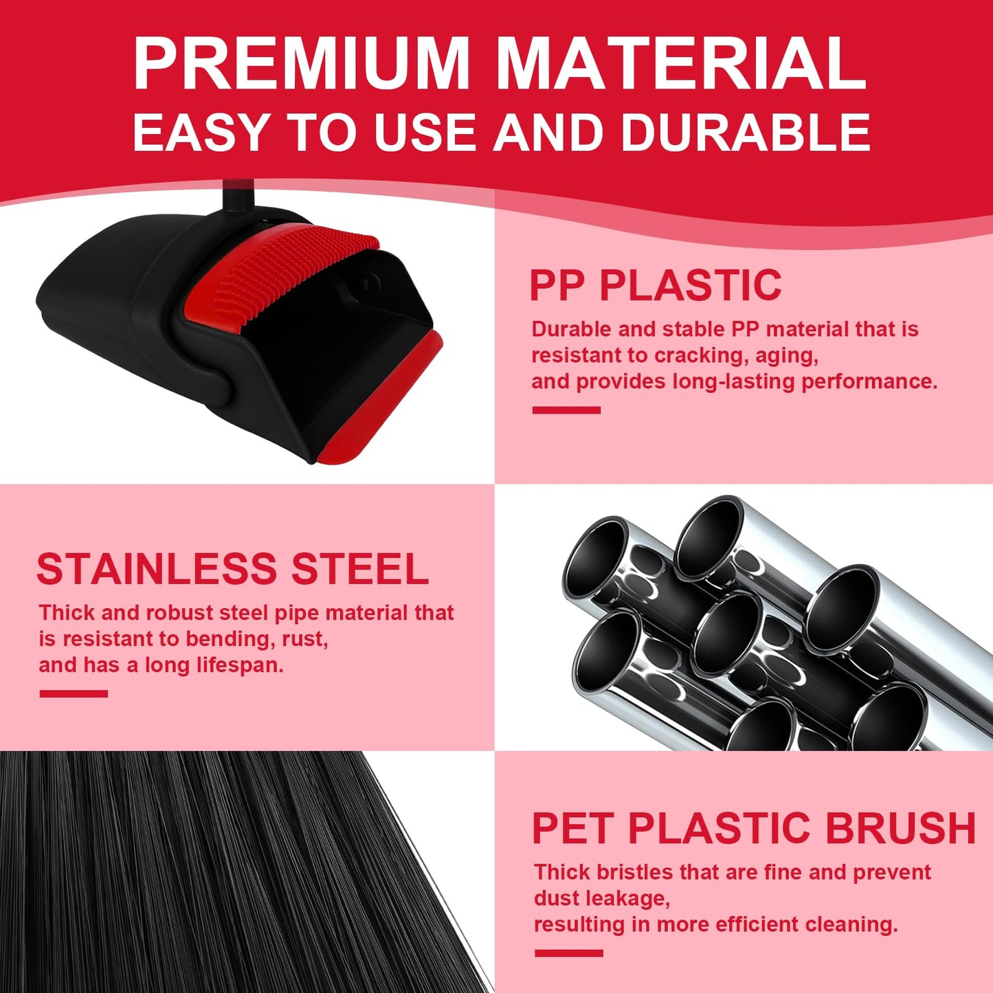 UDUK Broom with Dustpan Combo Set and Silicone Air Broom Kit, 51" Long Handle Floor Squeegee, Red Household Kit for Glass Window Rugs Pet Hair Home