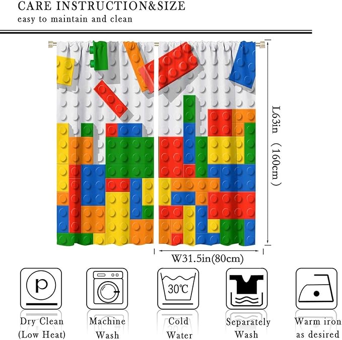 Building Blocks Toy Curtain Rod Pocket Children's Nursery Abstract Outline Colorful Plastic Toy Brick Geometric Print Pattern Curtain Boys Girls Bedroom Playroom 2 Panels 63x63in