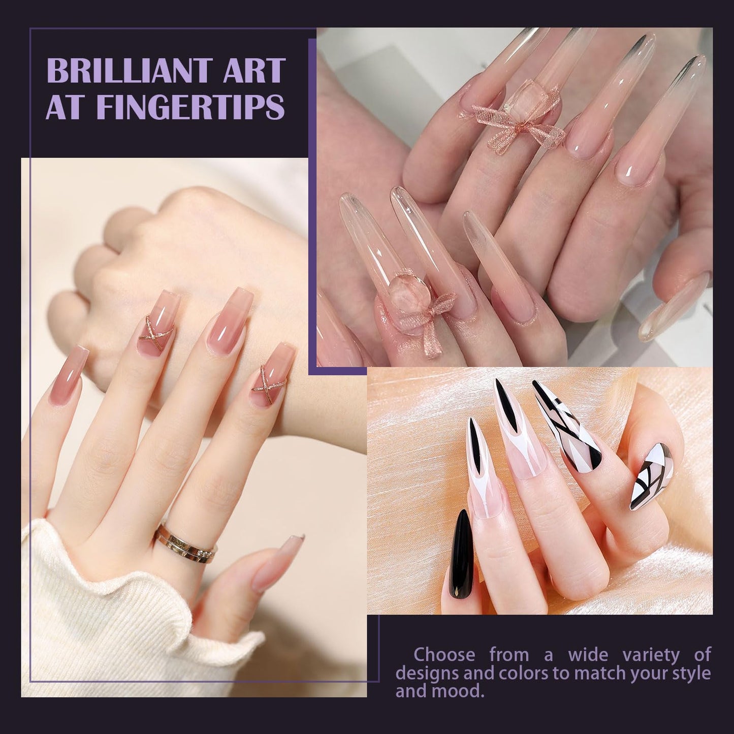 Realand 600 Pack Long Coffin Nail Tips with Guiding Line, 8 Shapes with 12 Sizes, Clear False Acrylic Nail Tips Ballerina Matte Extensions Full Cover with Case for Salon and DIY