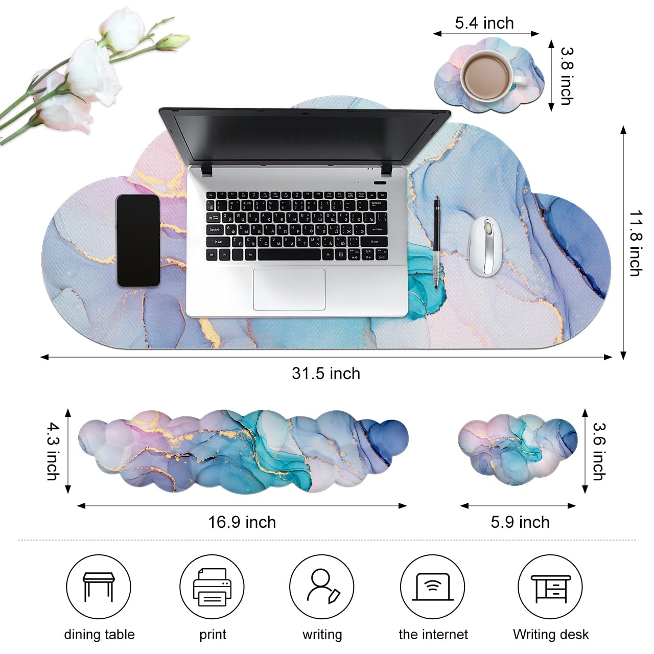 JIKIOU Large Cloud Mouse Pad Waterproof with Cloud Keyboard Wrist Pad and Cloud Mouse Wrist Pad Set, Ergonomic Computer Desk Wrist Support Mousepad for Keyboard and Mouse 35.4x15.7in Marble Blue
