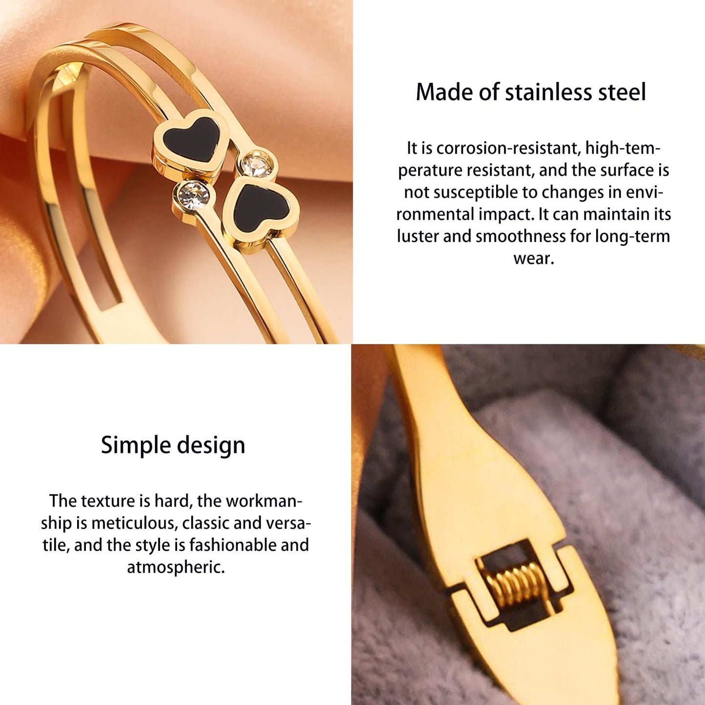 Vbvbip 18K Gold Plated 316L Stainless Steel Bangle Bracelet Collection - 12 Unique Designs + Matching Diamond-Accent Titanium Steel Chain, Gift for Women