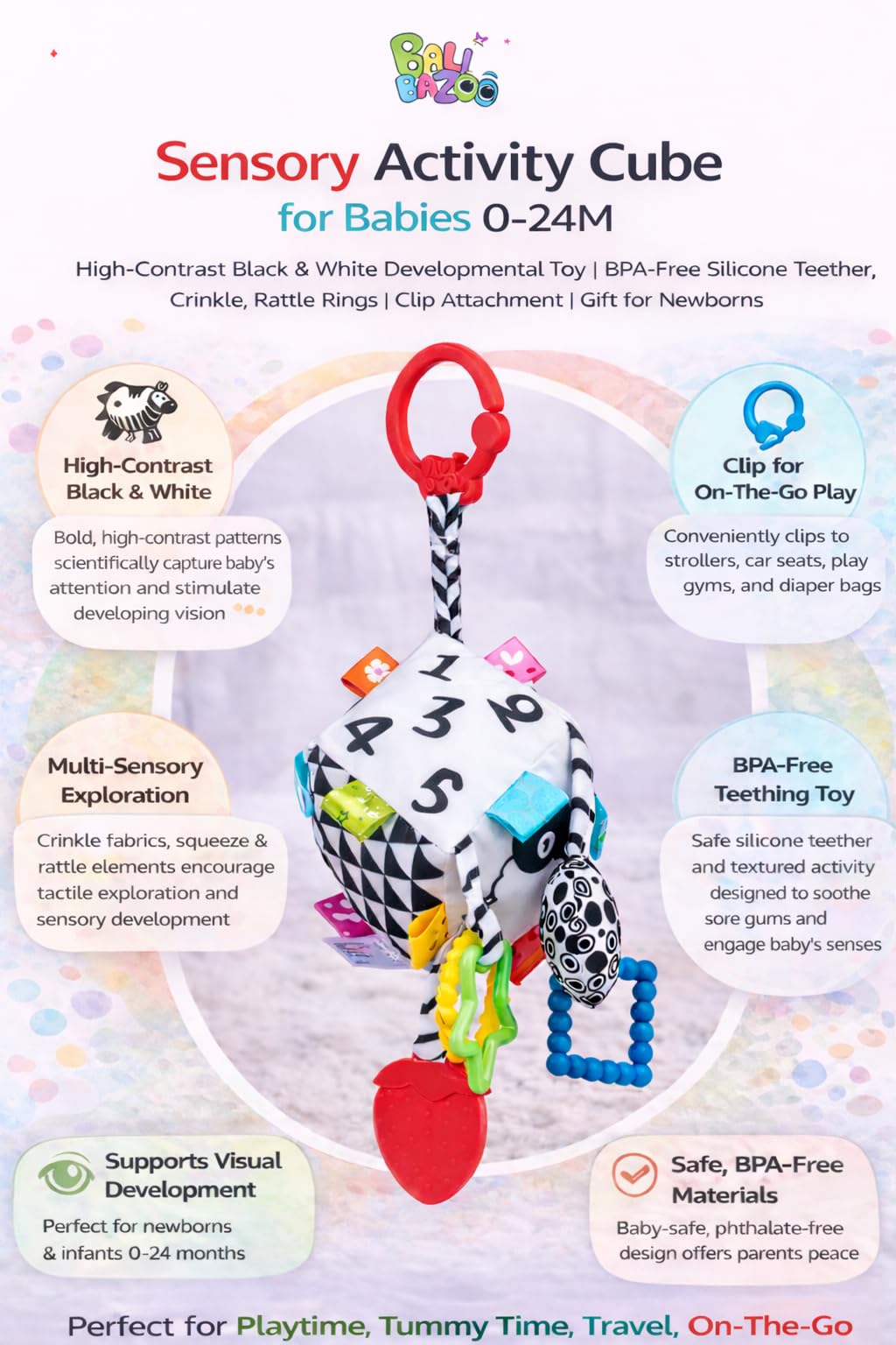 Balibazoo Sensory Activity Cube for Babies 0-24M - High-Contrast Black & White Developmental Toy | BPA-Free Silicone Teether, Crinkle, Rattle Rings | Clip Attachment | Gift for Newborns