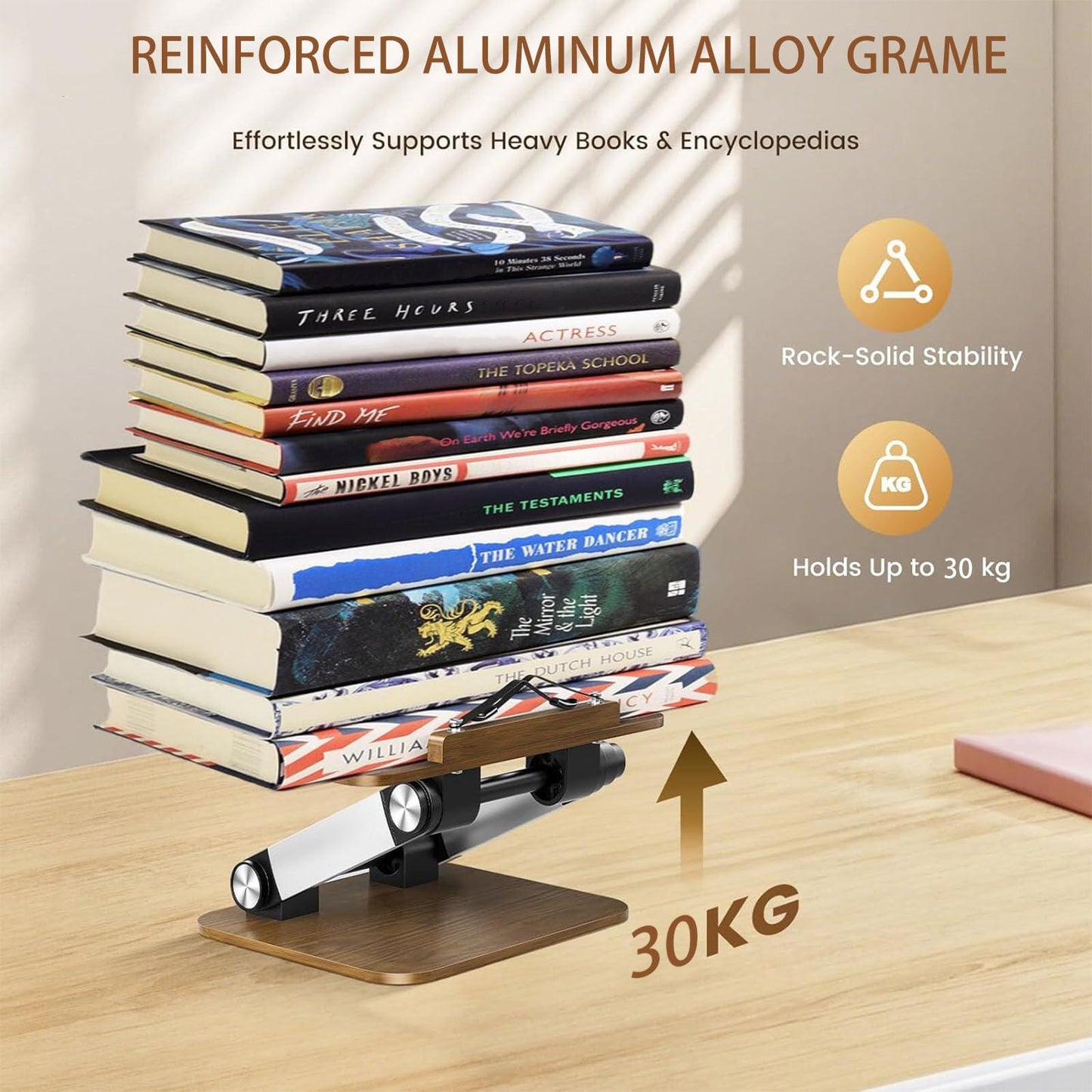 Book Stand for Reading,Book Holder with Metal Clips Cookbook Stand Hands-Free Button Adjustable Thick Bookshelf Foldable Laptop&e-Book Stand for Drawing Reading Novels Magazines (Walnut Wood Grain)