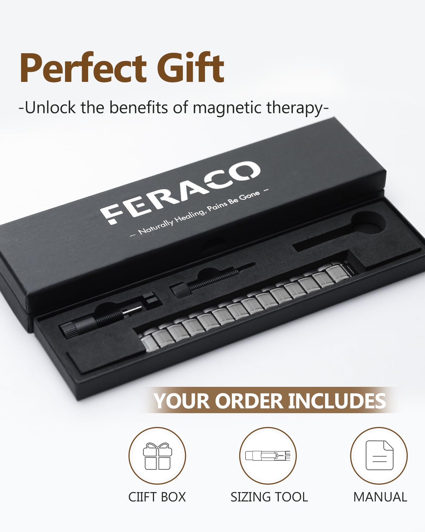 Feraco 3X Magnetic Bracelets for Men Titanium Steel Magnetic Bracelet with 3 Rows Magnets (Gray)