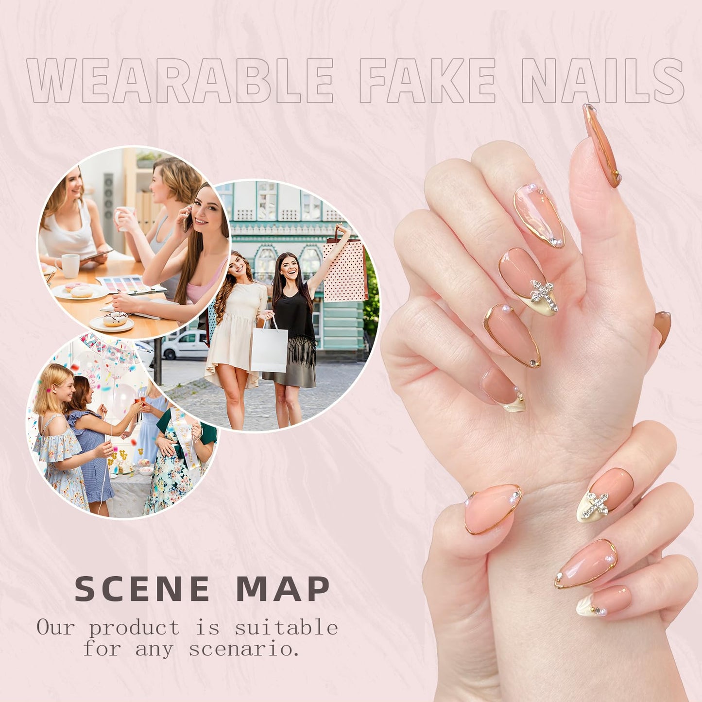 Luxury Handmade false nails，3D Gold French Cross Press-On Nails – Medium Almond Shape False Nails with Rhinestone Embellishments, Elegant Reusable Stick-On Nails(10PCS-S)