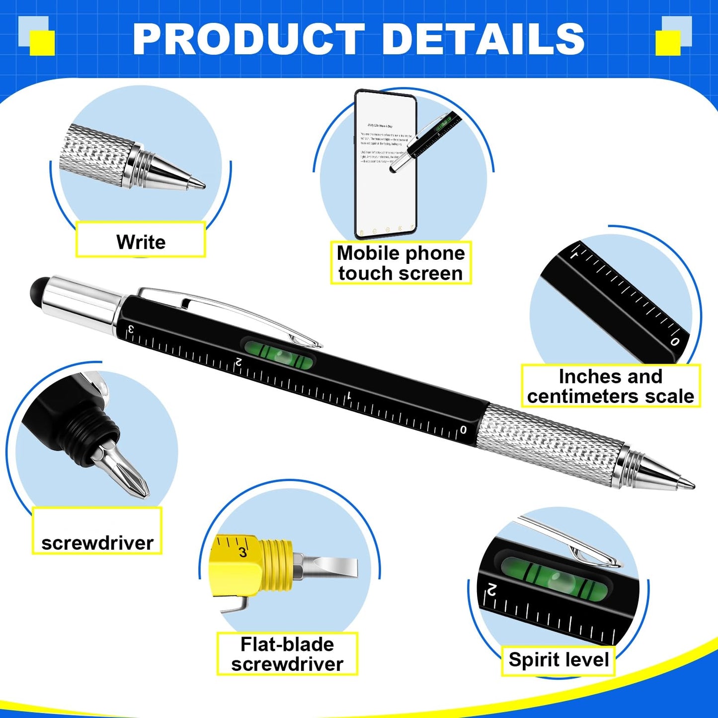 Zhanmai 72 Pcs Christmas Multitool Pen Gifts Bulk 6 in 1 Tool Pen with Level Gauge Ruler, Screwdriver, Stylus & 80 Replacement Refills, Unique Birthday Gifts for Men(Multicolor)