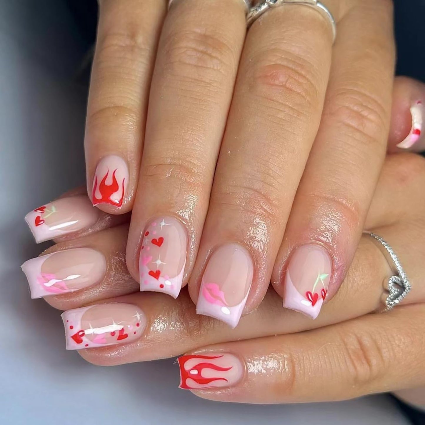 Press On Glossy Full Cover Acrylic Short Length Square French False Nails with Heart Lips Flame Designs Artificial Square Shaped Fake Nails Glue Ons for Women Girls