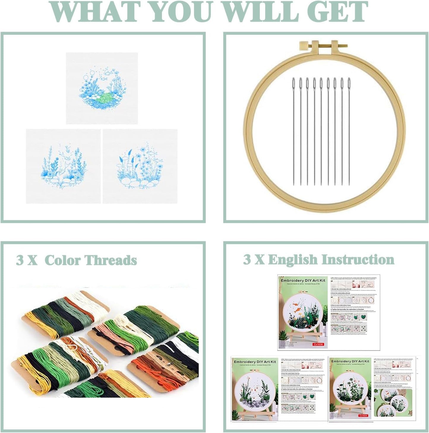 GLTAYLMY Fish Embroidery Kit for Beginners Adults,3 Set Cross Stitch Kits with 1 Plastic Embroidery Hoops,Needles and Color Threads,Needlepoint Kit for Hand Embroidery Starter