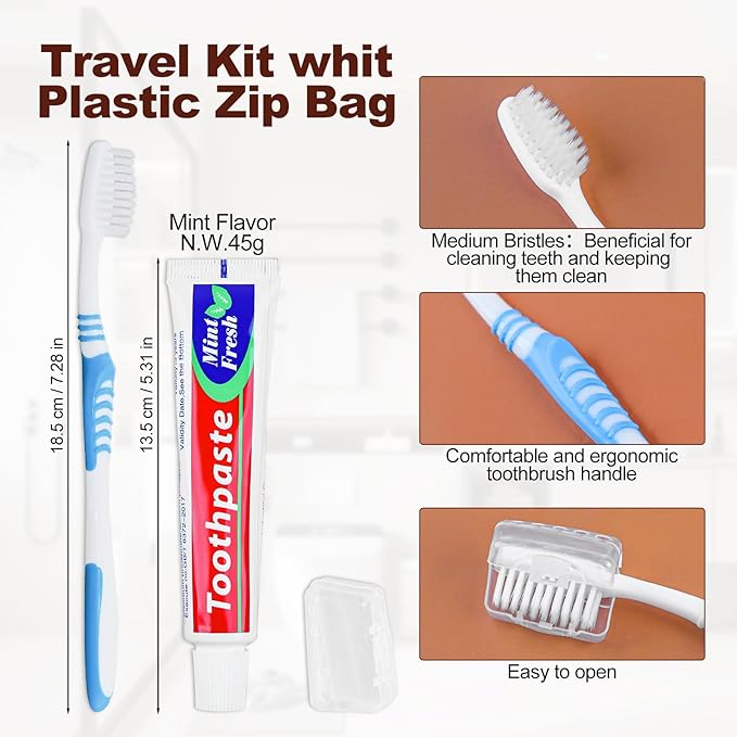 Disposable Toothbrushes with 45 Grams Toothpaste Individually Wrapped, Travel Kit Whit Plastic Zip Bag,Toothbrush Head Cover, Bulk Toothbrush for Homeless,Travel,Shelter,Air Bnb,Hotel,Guest (4)