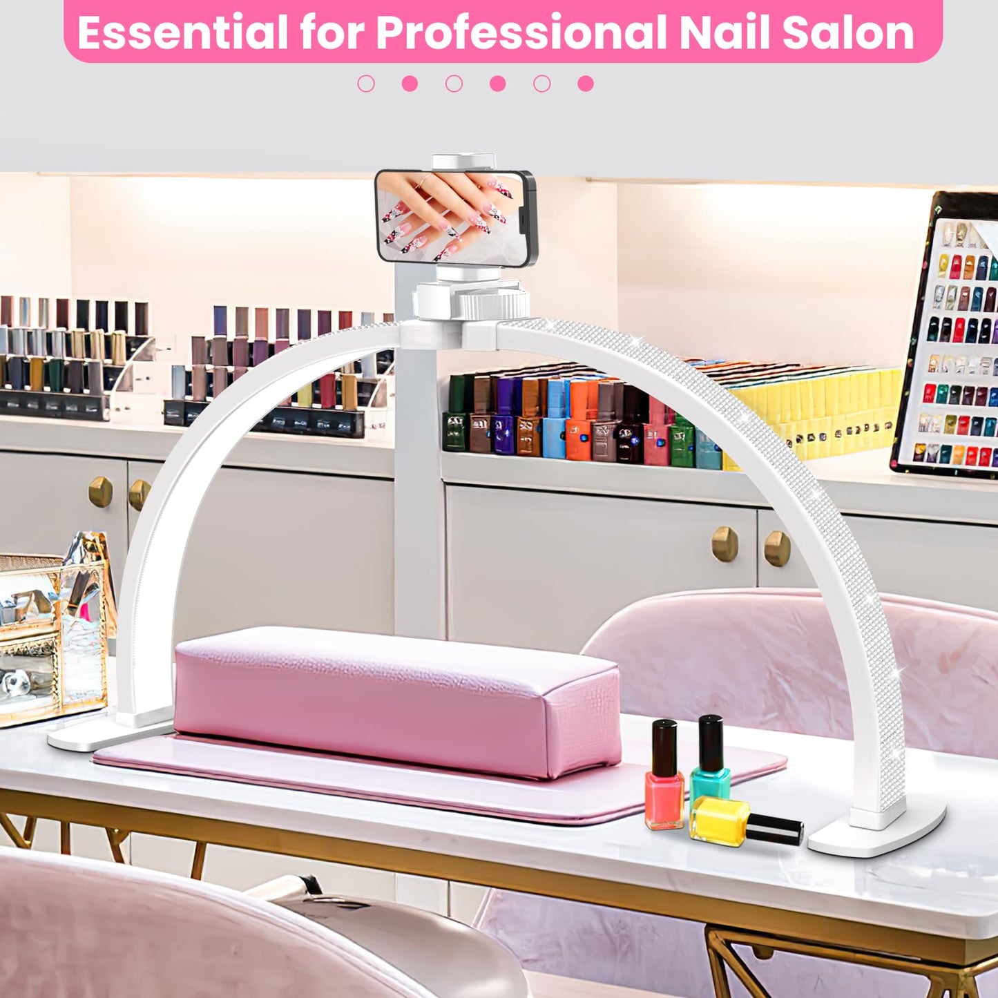 Uiopy Nail Half Moon Light: Arch Rhinestone LED 29in Moonlight with Phone Holder Stand 3 Light Colors /10 Brightness Levels - Professional Nail Salon Esthetician Media Tech(Diamond,Large)
