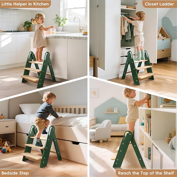 Step Stool for Toddler, 3-Step Kids Step Stool for Bathroom Sink, Foldable Toilet Potty Training Stool with Handles, Child Kitchen Counter Stool Helper Wooden Ladder for Toddlers (Green)
