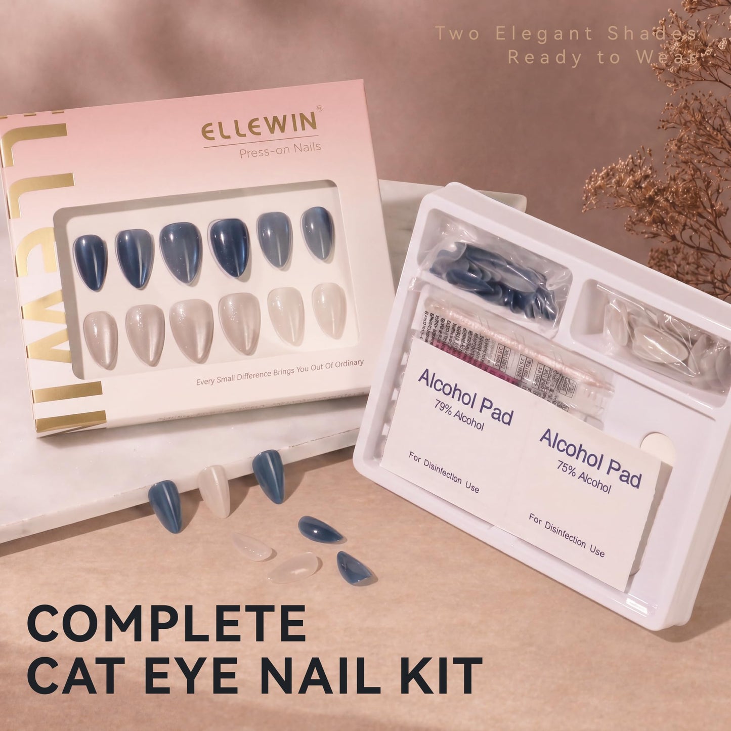 ELLEWIN 60 Pcs Cat Eye Press on Nails Medium Almond - Royal Blue & Silver White, 15 Sizes Acrylic Glossy Glitter Stick on Nails Set with Glue, Remover & Accessories for Women