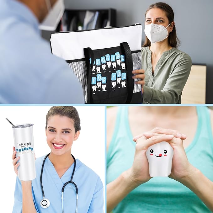 Nuogo 3 Pcs Positive Dental Hygienist Gifts Dentist Assistant Gift for Women Men Inspirational 20oz Tumbler Tote Bag Tooth Stress Toy for Dental Hygiene Month Employee Appreciation(White,Teeth)