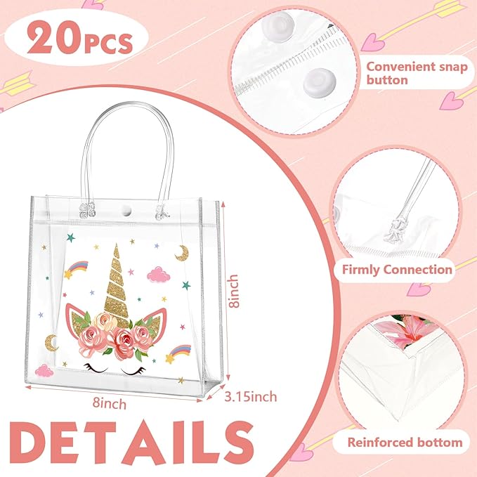 Aliceset 20 Pcs Unicorn Clear Favor Bags with Handles Plastic Treat Pink Unicorn Rainbow Goodie Bags for Birthday Party Supplies Candy, 8 x 8 x 3.15 Inch