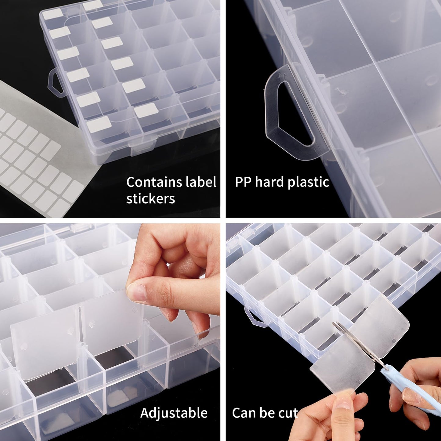 2 Pack Clear Bead Organizer Tackle Box with Adjustable Dividers for Jewelry Art Craft Containers 36 Grids Compartment with 5 Sheets Label Stickers