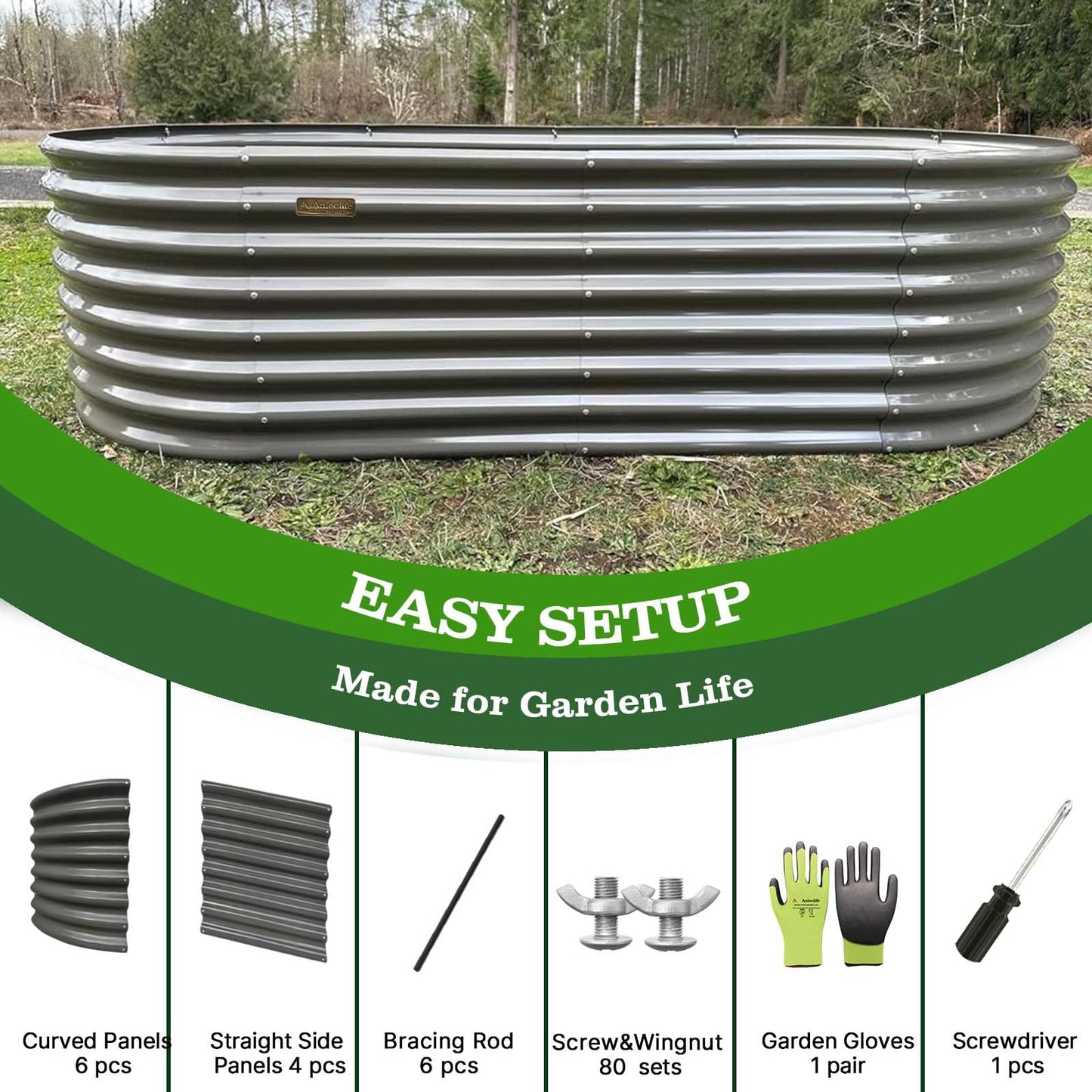 A ANLEOLIFE 8x4x2ft Galvanized Raised Garden Bed Kit, Oval Metal Deep Root Planters for Outdoor Plants Vegetables Flowers Herb, Large Bottomless, 478 Gallon Capacity- Quartz Grey