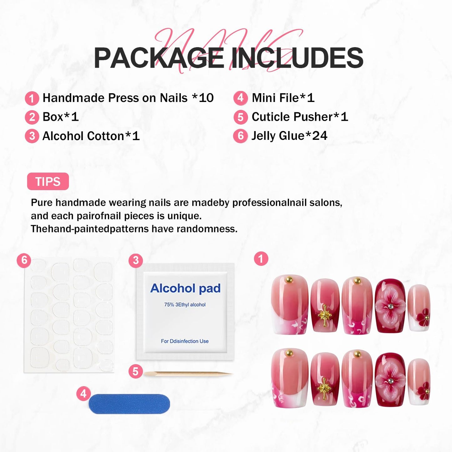 Handmade Press on Nails Pink Gradient French Tip Fake Nails with 3D Flower Design Luxury Short Square Handmade False Nail Muti-Layer Gel Thick Acrylic Nails for Women Manicuare (S)
