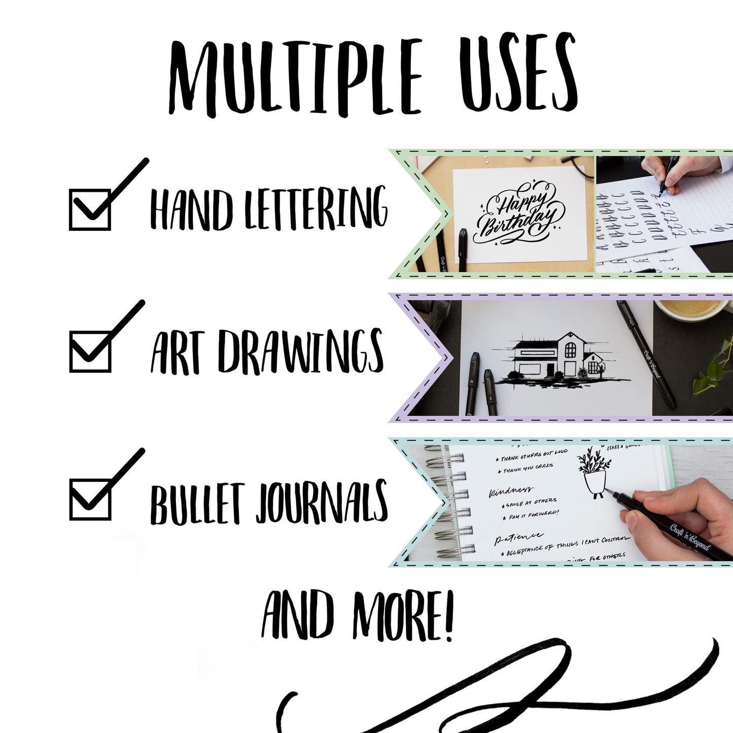 Craft 'n' Beyond Calligraphy Brush Pens Pack of 10 Markers for Hand Lettering, Art Drawing, Sketching, Scrapbooking, Writing, Journaling tip - Beginner Kit with Fadeproof Black Ink