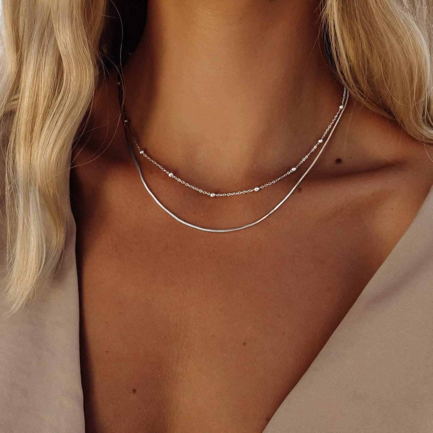 Freekiss Layered Silver Necklaces for Women: Dainty 925 Sterling Silver Herringbone Necklace Tiny Simple Stackable Snake Beaded Link Chain for Women Silver Jewelry Gifts Trendy