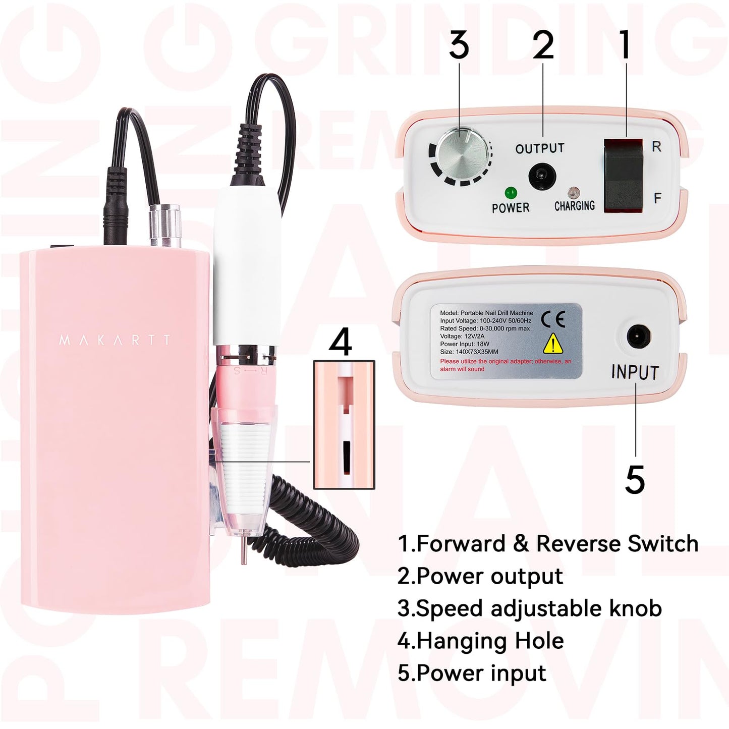 Makartt Nail Drill, Rechargeable Nail E File 30000RPM Electric Nail File, Malory Pink Portable Gel Nail Remover Machine with Nail Drill Bits & Sanding Bands for Manicure Salon Home Use