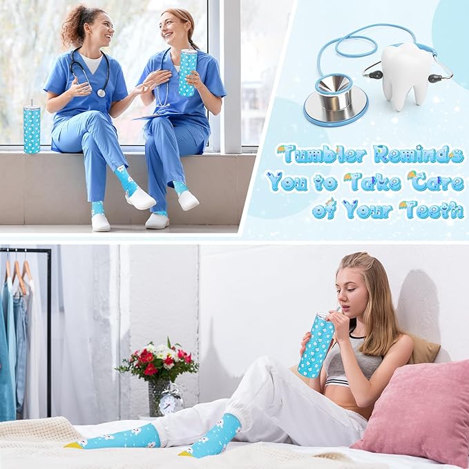 Umigy 2 Pcs Dental Assistant Gifts 2025 Dental Hygienist Appreciation Gifts 20 oz Teeth Print Tumbler with Lid and Sock for Women for Nurse Week Appreciation Dentist Christmas Birthday(Blue)