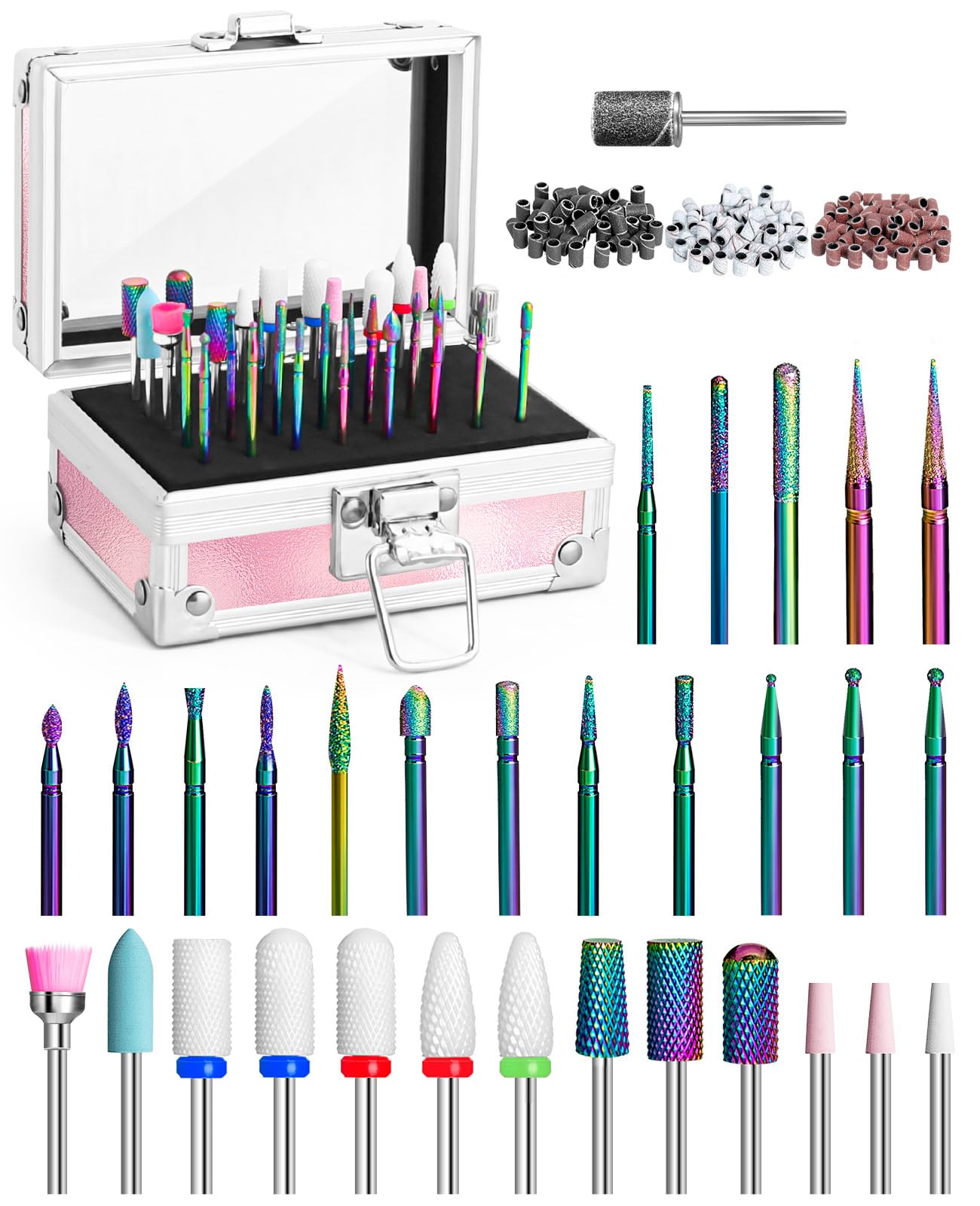 Onism 30Pcs Nail Drill Bits Set, 3/32" Tungsten Carbide Ceramic Quartz Kit with 75 Sanding Bands (#80/120/180), 40-Slot Expandable Organizer Box for Acrylic Gel Removal & Prep, Pink