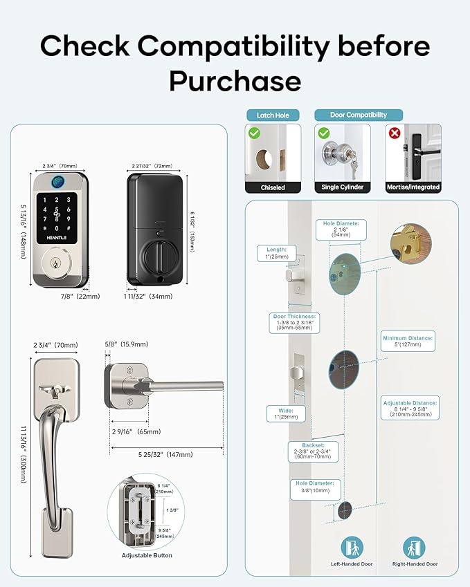Wi-Fi Front Door Lock Set - HEANTLE Smart Locks for Front Door Built-in WiFi Keyless Entry Deadbolt with Handle Set Fingerprint Smart Electronic Deadbolt, Works with Alexa & Google Assistant Silver