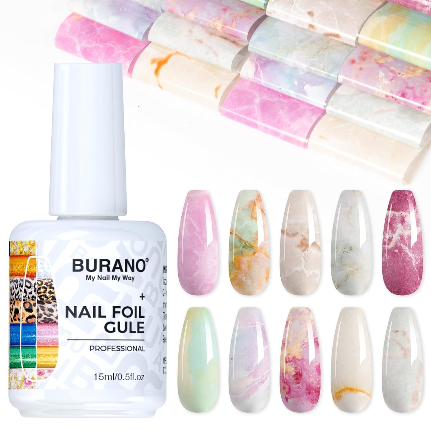 BURANO Nail Art Nail Foil Glue Gel, o.5 oz with 10PCS Foil Stickers Set Nail Foil Glue for Nails Foil Transfer Gel, Nail Design Home DIY UV LED Lamp Required (Marble Glitter) 22