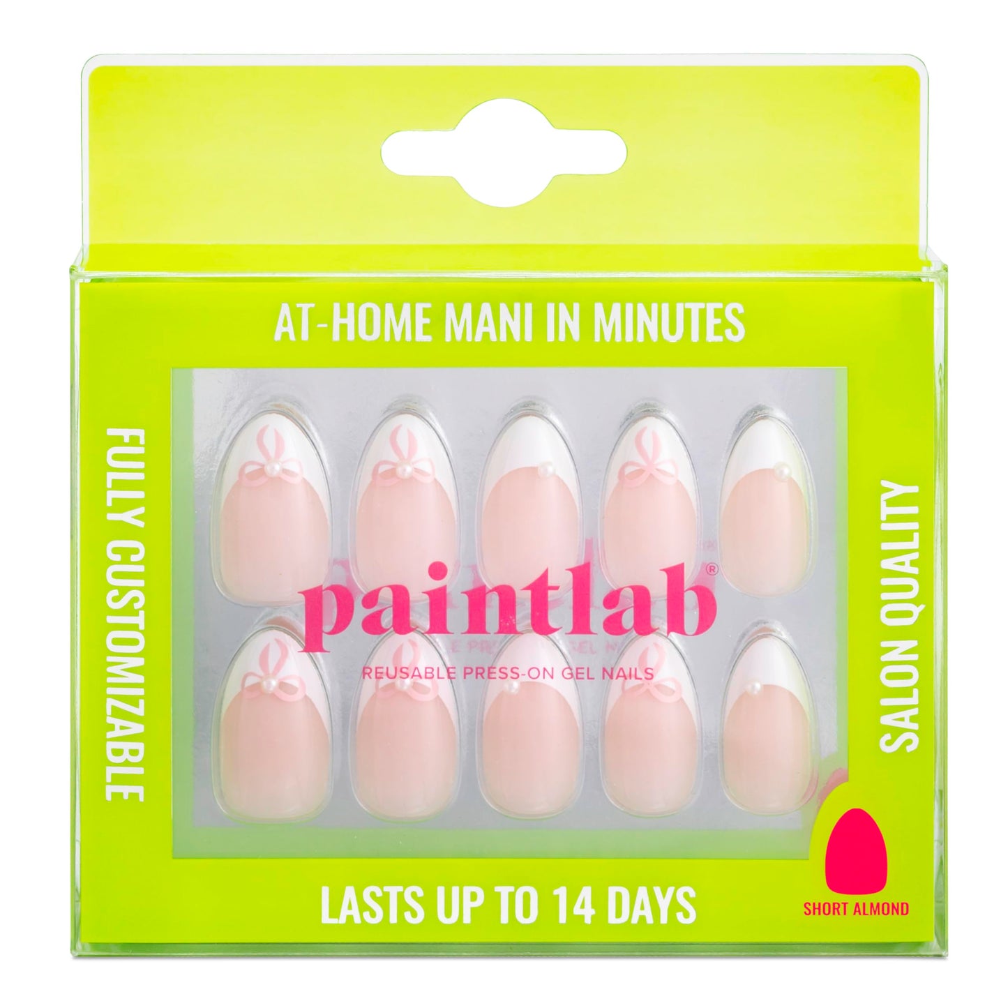 PaintLab Press On Nails - Belle Bows 3D Pearl French Tip Short Almond Fake Nails, 30 Nails in 15 Sizes with Glue, Reusable Salon Quality Press On Nails